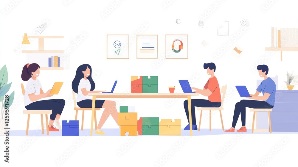 Collaborative workspace with individuals on laptops. Collaborative workspace with individuals on laptops.
