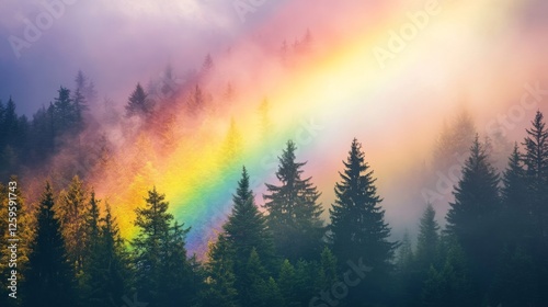 Majestic rainbow arcing across misty mountain forest, ethereal light filtering through pine trees, atmospheric fog, soft diffused sunlight, dreamy landscape photography, moody nature scene, muted