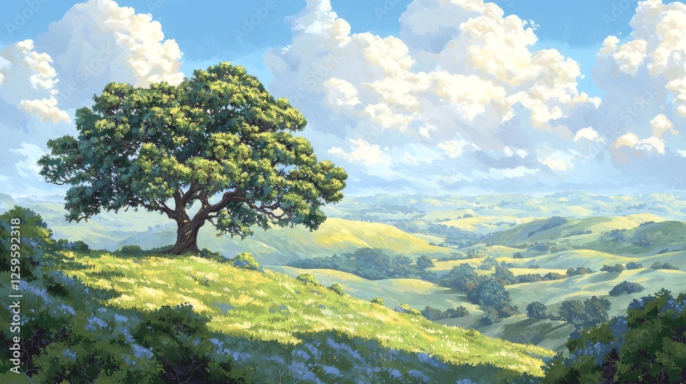 Serene Landscape with a Lush Tree Against Majestic Clouds and Rolling Green Hills Under a Bright Blue Sky Serene Landscape with a Lush Tree Against Majestic Clouds and Rolling Green Hills Under a Bright Blue Sky