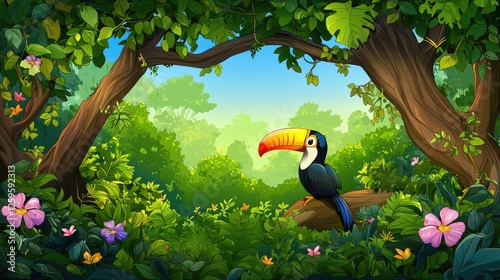 Colorful toucan perched on a branch amidst vibrant tropical foliage and blooming flowers