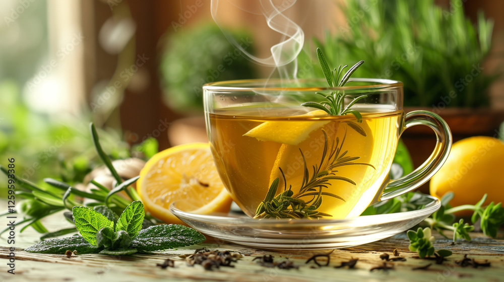 Herbal Tea with Lemon and Fresh Herbs on a Rustic Table Herbal Tea with Lemon and Fresh Herbs on a Rustic Table