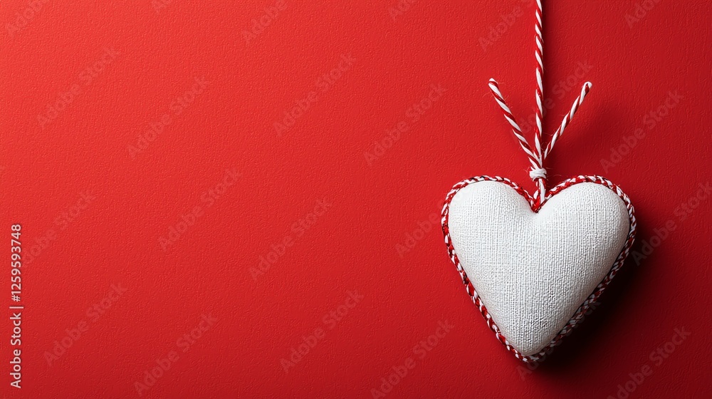 A white fabric heart ornament hangs against a vibrant red background, creating a warm and inviting atmosphere. A white fabric heart ornament hangs against a vibrant red background, creating a warm and inviting atmosphere.