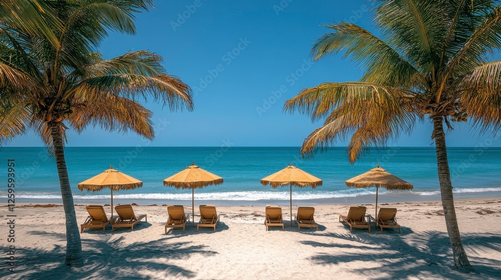 Tropical beach lounge chairs, calm ocean, palm trees Tropical beach lounge chairs, calm ocean, palm trees