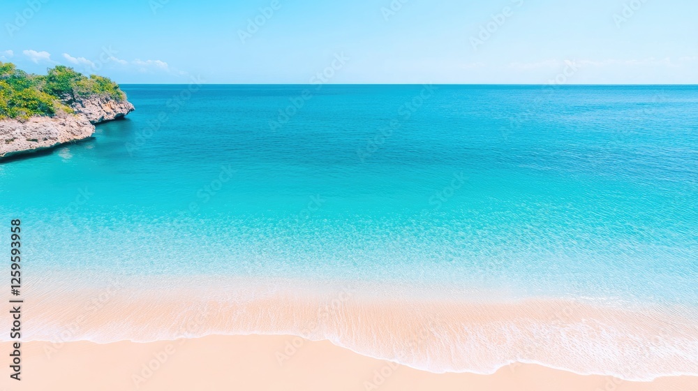 Obraz premium Serene tropical beach with clear turquoise water, soft sand, and lush greenery in the background