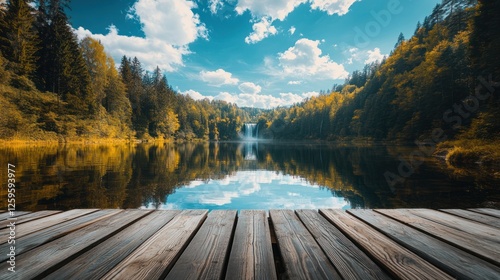 Calm lake, waterfall, forest, sunny day, wooden dock, nature serenity, travel photo