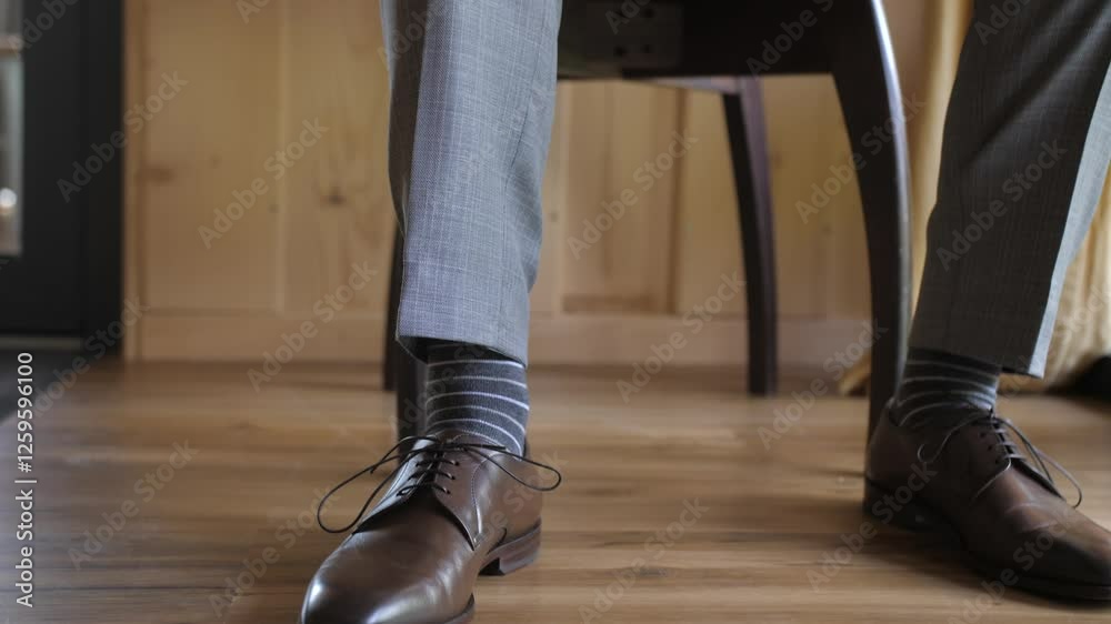 elegantly dressed man tying his shoelaces indoors, ready for the event, static elegantly dressed man tying his shoelaces indoors, ready for the event, static
