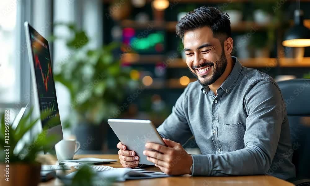 Smiling Businessman Using Tablet in Modern Office Smiling Businessman Using Tablet in Modern Office