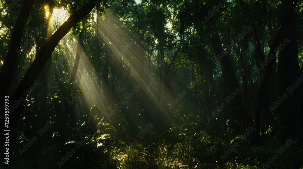 Obraz premium Sunlight streams through lush green forest canopy creating a serene scene