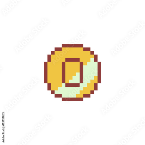 Chinese gold coin pixel art icon. Feng shui element. China money. Sticker design. 8-bit sprite. Isolated vector illustration.
