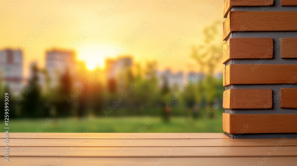 A serene sunset view featuring a brick wall and wooden surface, with lush greenery and cityscape blurred in the background. A serene sunset view featuring a brick wall and wooden surface, with lush greenery and cityscape blurred in the background.