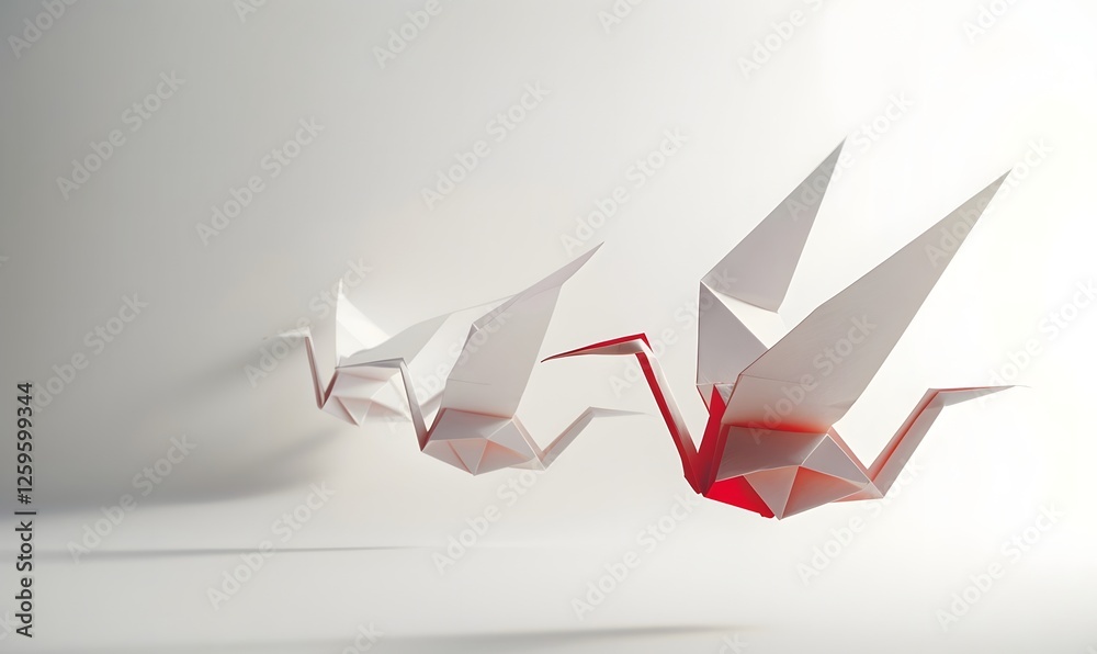 Weightless Paper Cranes Floating on Pure White Background Weightless Paper Cranes Floating on Pure White Background