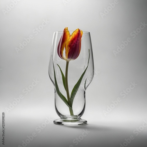 A glass tulip, appearing fragile and elegant against a crisp white background.