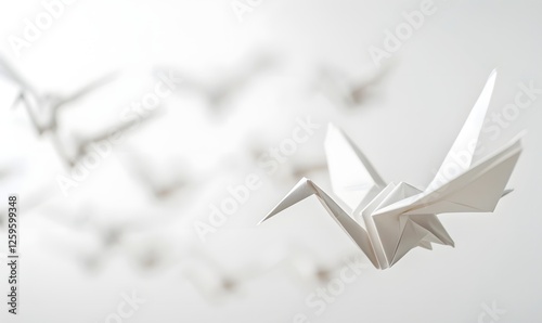 Ethereal Paper Cranes Floating in Midair on Pristine White Background