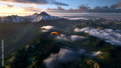 Paragliding over Majestic Mountain Peaks at Sunrise