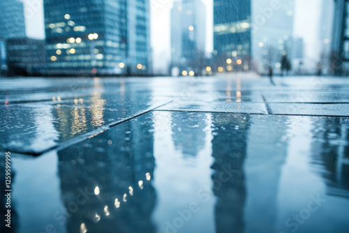 Reflections in the Wet Sidewalk of Modern Office Skyscrapers in The City photo