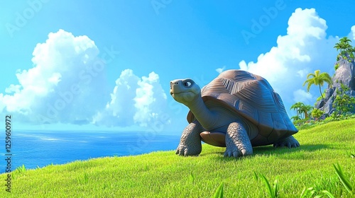 A cartoon turtle exploring a vibrant green island with a serene ocean backdrop and fluffy clouds