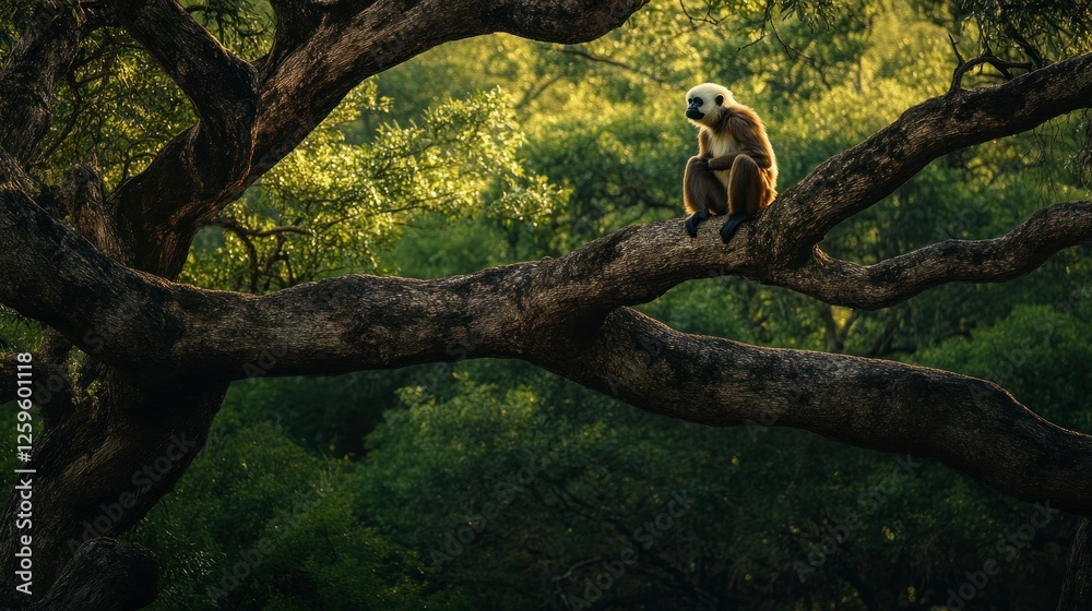 Obraz premium white-faced gibbon sitting on the branch of an old tree in front of green trees, a wildlife photography image captured in natural light.