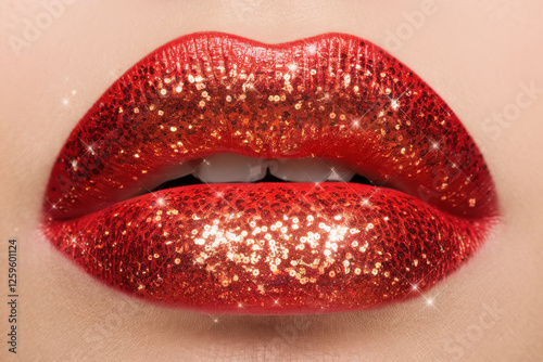 Sparkling red lips adorned with a dusting of glitter, delivering a touch of glamour on a bright white setting photo