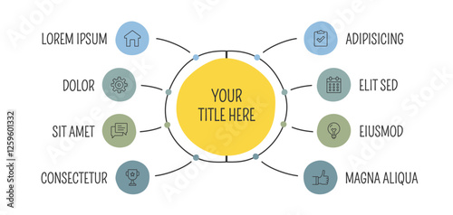 Hand drawn mind map template with eight elements, circle diagram infographics, flow chart, vector eps10 illustration