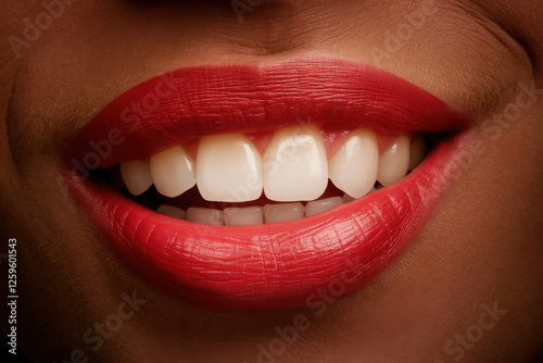 A pair of red lips forming a slight smile, revealing one side of gleaming teeth in stark contrast photo