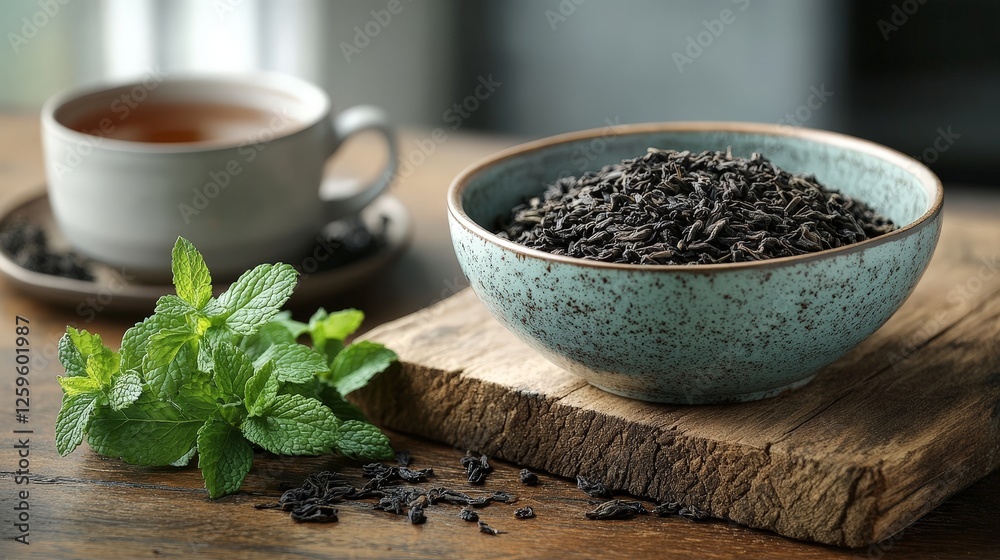A bowl of black tea leaves with a cup of tea and fresh mint on a wooden surface. A bowl of black tea leaves with a cup of tea and fresh mint on a wooden surface.