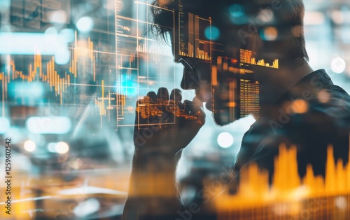Finance Team Analyzing Financial Reports with Double Exposure Overlay of Financial Metrics and Report Data, Highlighting Finance and Metrics Insights for Effective Financial Analysis