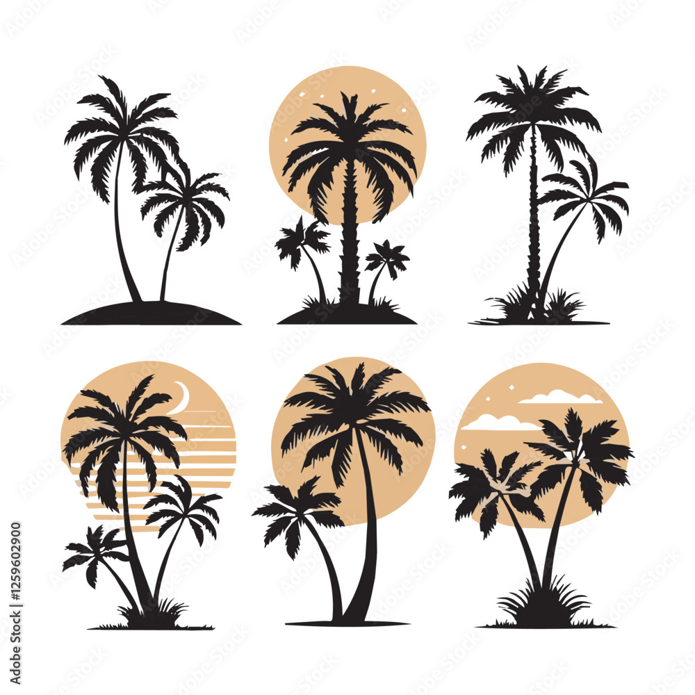 Naklejka premium Collection of Black and White Palm Tree Silhouettes, vector on white background