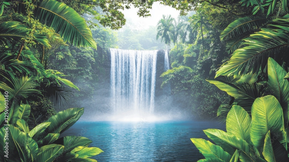 Serene Waterfall Cascading Into Tranquil Pool Surrounded by Lush Green Tropical Jungle Foliage and Vibrant Nature