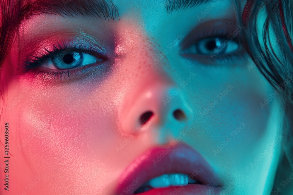 Fototapeta premium Close-up, Pretty face of a beautiful woman with multi colors vivid makeup on minimal background.