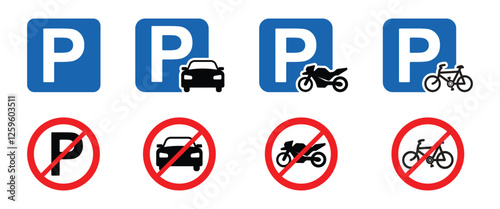 parking sign set. car, motorcycle, bicycle parking symbol. no parking icon collection. vector illustration on transparent background.