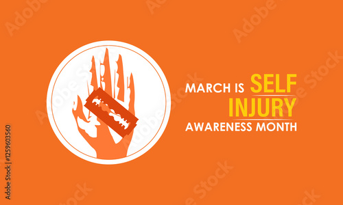 Self-Injury Awareness Month (SIAM) is observed every March to raise awareness and reduce stigma about self-harm. Design for banner, cards, prints, social media, poster, flyer and background design.