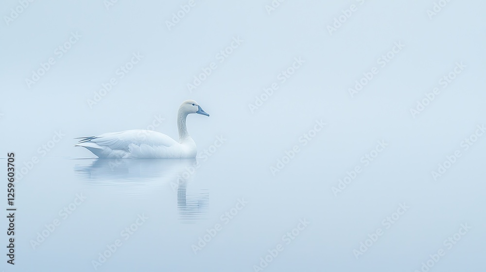 Serene white swan gliding through a misty lake at dawn, creating a tranquil atmosphere Serene white swan gliding through a misty lake at dawn, creating a tranquil atmosphere