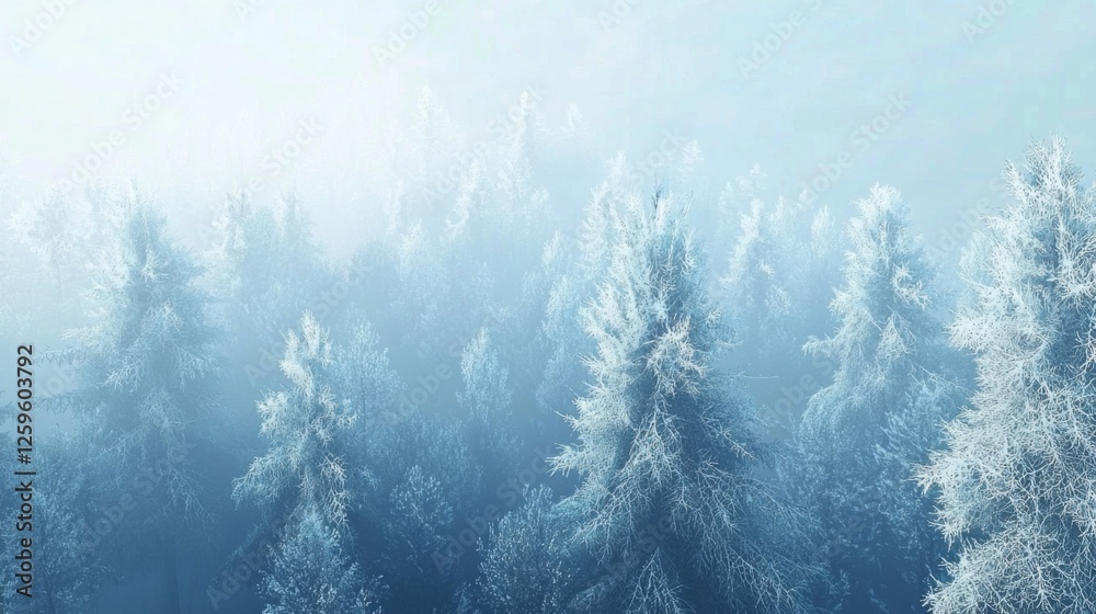 Serene Winter Landscape with Snow-Covered Trees Under Misty Sky in Soft Blue Tones Serene Winter Landscape with Snow-Covered Trees Under Misty Sky in Soft Blue Tones