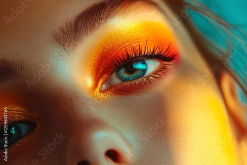 Obraz Close-up, Pretty face of a beautiful woman with multi colors vivid makeup on minimal background.