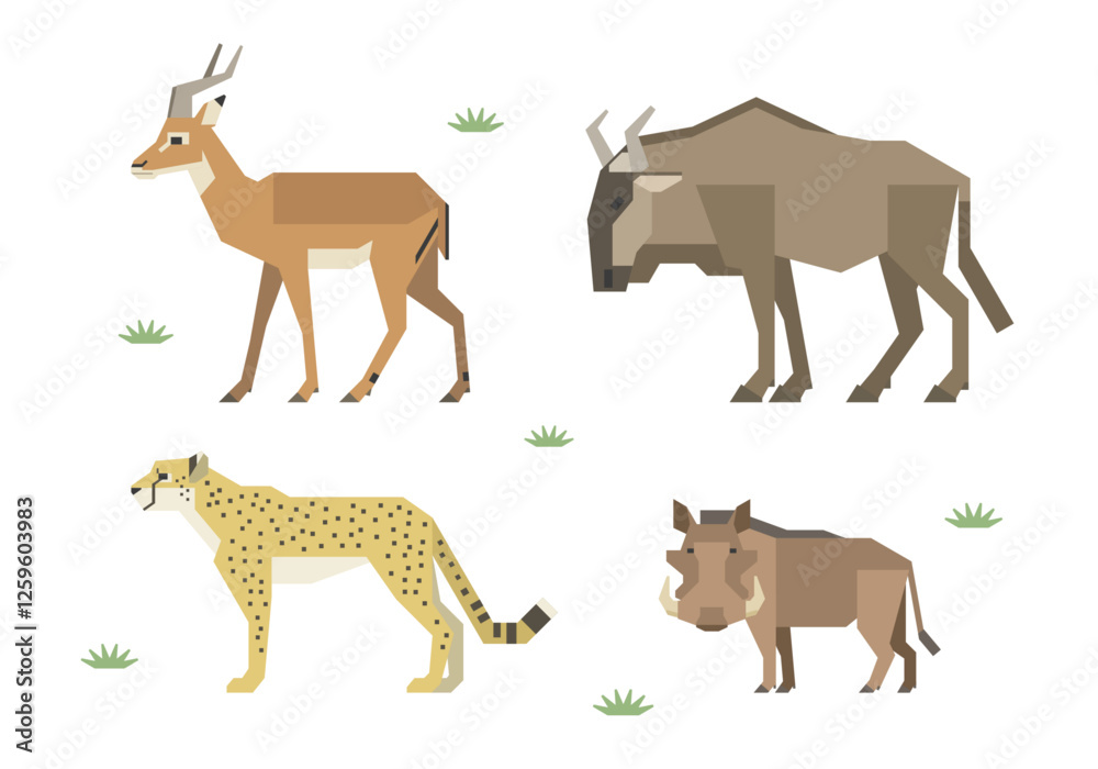 Fototapeta premium アフリカの動物イラストセット（インパラ、ヌー、チーター、イボイノシシ）