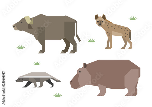 アフリカの動物イラストセット（ハイエナ、スイギュウ、カバ、ラーテル）