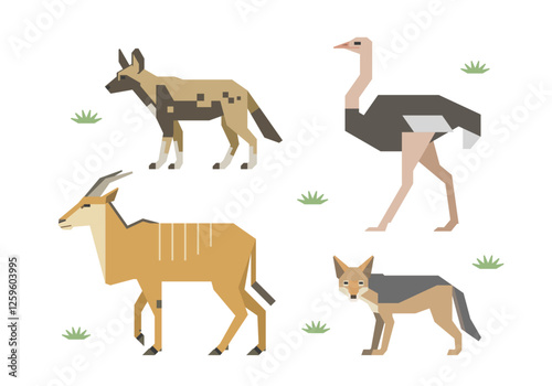 アフリカの動物イラストセット（ダチョウ、ジャッカル、リカオン、イランド）