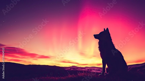 A silhouette of a wolf against a vibrant sunset with northern lights illuminating the sky