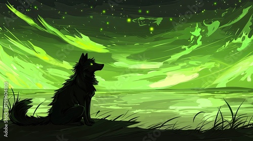 A silhouette of a wolf gazes at a vibrant green sky filled with stars near a shimmering lake