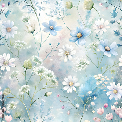 Delicate Blue and White Floral Pattern. Watercolor Flowers on a Light Blue Background