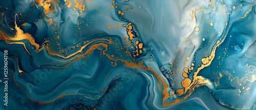 Luxurious deep blue and gold abstract paint background with flowing liquid fluid texture, perfect for elegant art, contemporary designs, and refined branding concepts.