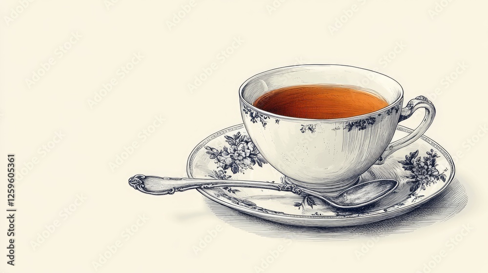 Fototapeta premium Elegant tea cup with saucer and spoon, showcasing rich amber tea against a soft background