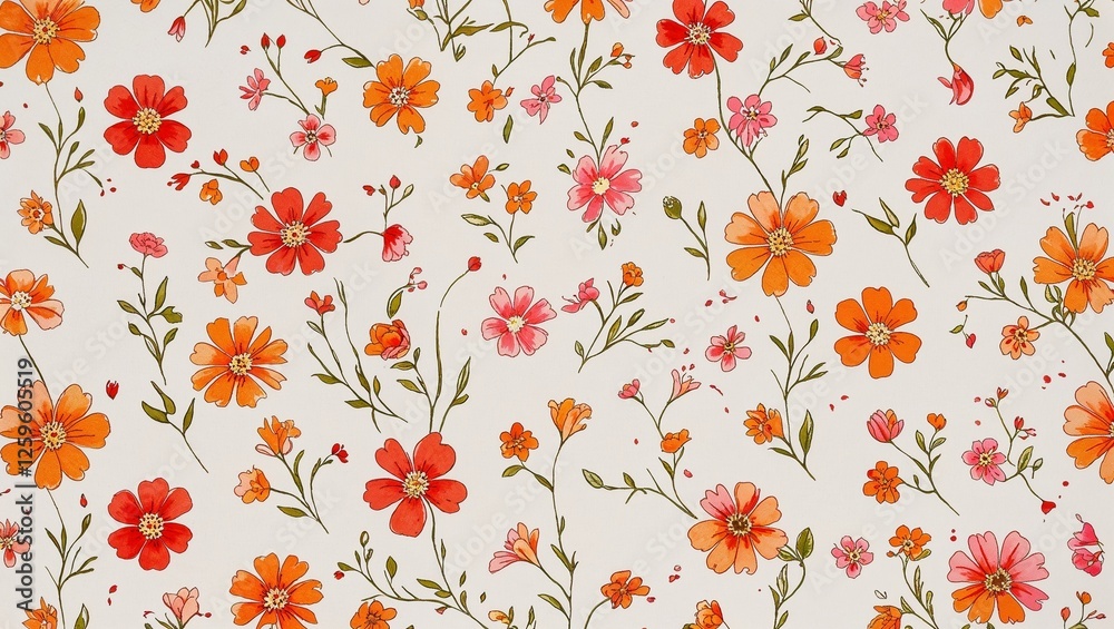 Ditsy Floral Pattern with Small Red, Orange, and Pink Flowers on White Background for Spring Bouquet Design Ditsy Floral Pattern with Small Red, Orange, and Pink Flowers on White Background for Spring Bouquet Design