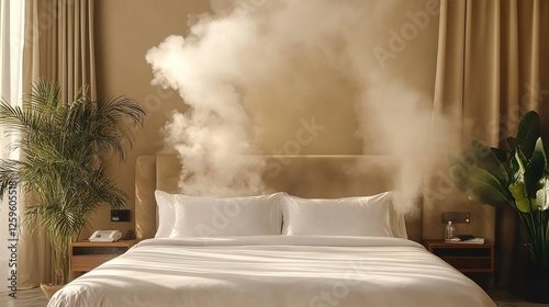 Luxury hotel room bed steam cleaning sunlight photo