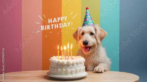 cute happy dog ​​in a birthday cap sits at a table in front of a cake with burning candles on a bright multi-colored background with the inscription HAPPY BIRTHDAY
