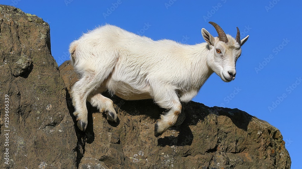 A nimble white goat leaps gracefully off a rocky ledge under a clear blue sky A nimble white goat leaps gracefully off a rocky ledge under a clear blue sky