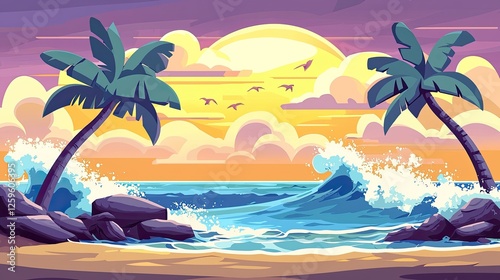 Vibrant sunset over a tropical beach with palm trees, waves crashing on rocks, and colorful clouds