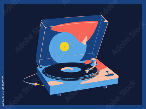 A surreal, minimalist composition featuring a vinyl record, a stylized tonearm, and a turntable platter all slightly separated and floating in space