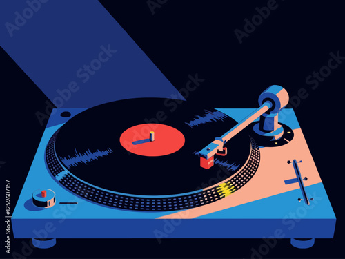 A surreal, minimalist composition featuring a vinyl record, a stylized tonearm, and a turntable platter all slightly separated and floating in space