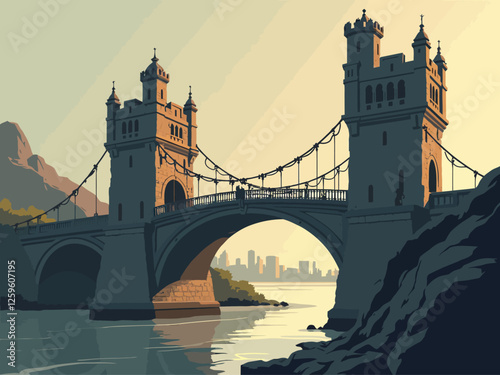 a tall, simple drawbridge over a canal with glass turrets at the top of each tower, kind of run down, with a city on a hill in the backround
